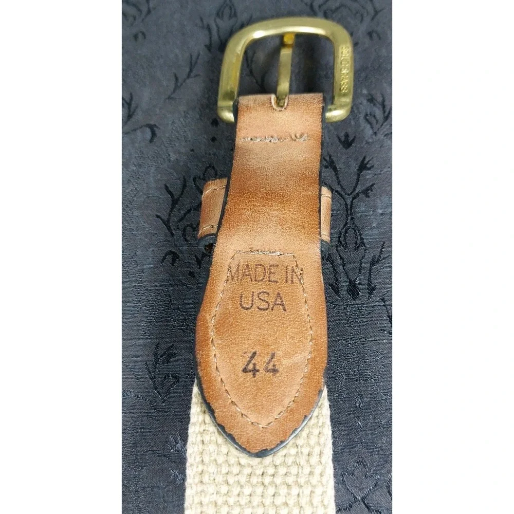 World Wide Sportsman Mahi Mahi Fish Ribbon Belt Sz 44 Brown Leather‎ Canvas USA